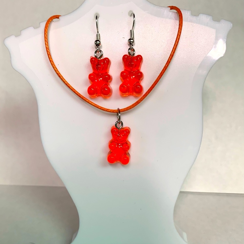 Neon orange gummy bear necklace and earrings set